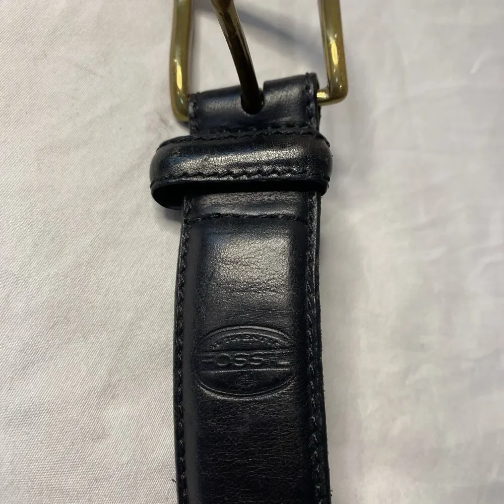 Fossil Men’s Belt Braided Black Leather Brass Buckle dad work